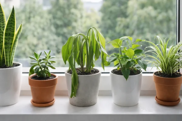 Široki prikaz sobnih biljaka na prozorskoj dasci, s jednom koja pokazuje znakove truleži korijena zbog prekomjernog zalijevanja