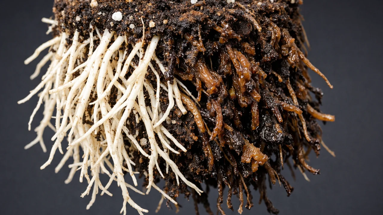 Detaljan prikaz zdravog i trulog korijenja biljke, jasno uočljive razlike u boji i strukturi korijena