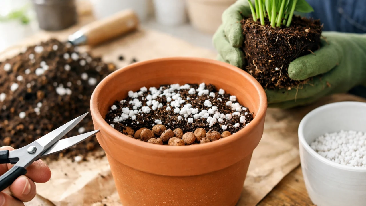 Presađivanje biljke u novi supstrat s perlitom i dobrom drenažom kao ključan korak u spašavanju od truleži korijena