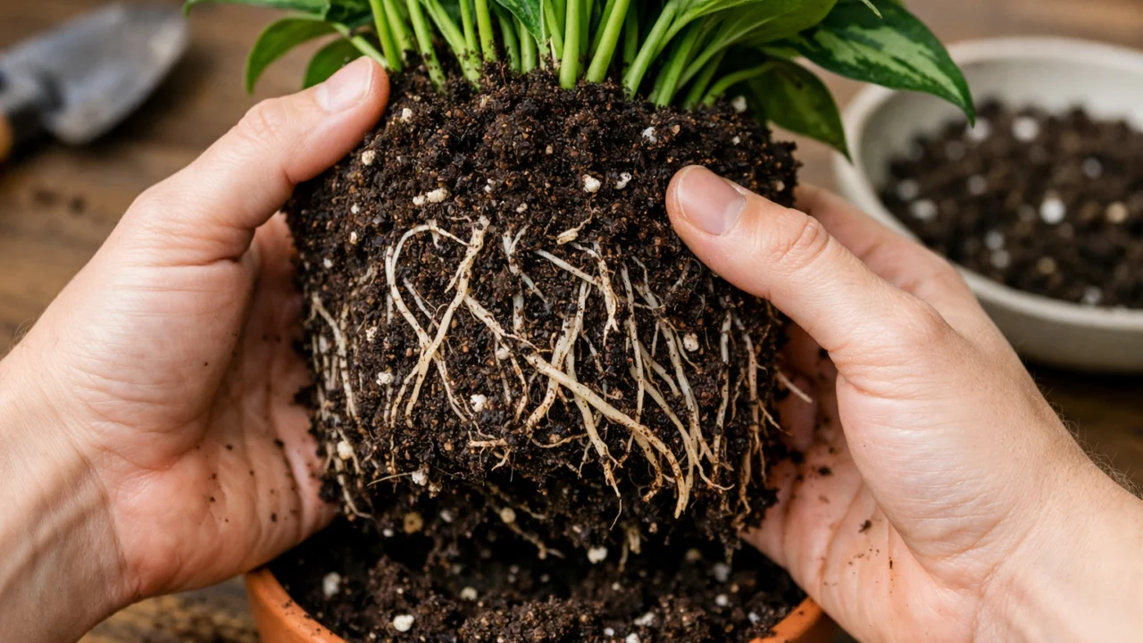 Nježno vađenje biljke iz posude i očuvanje zdravog korijena tijekom presađivanja bez stresa