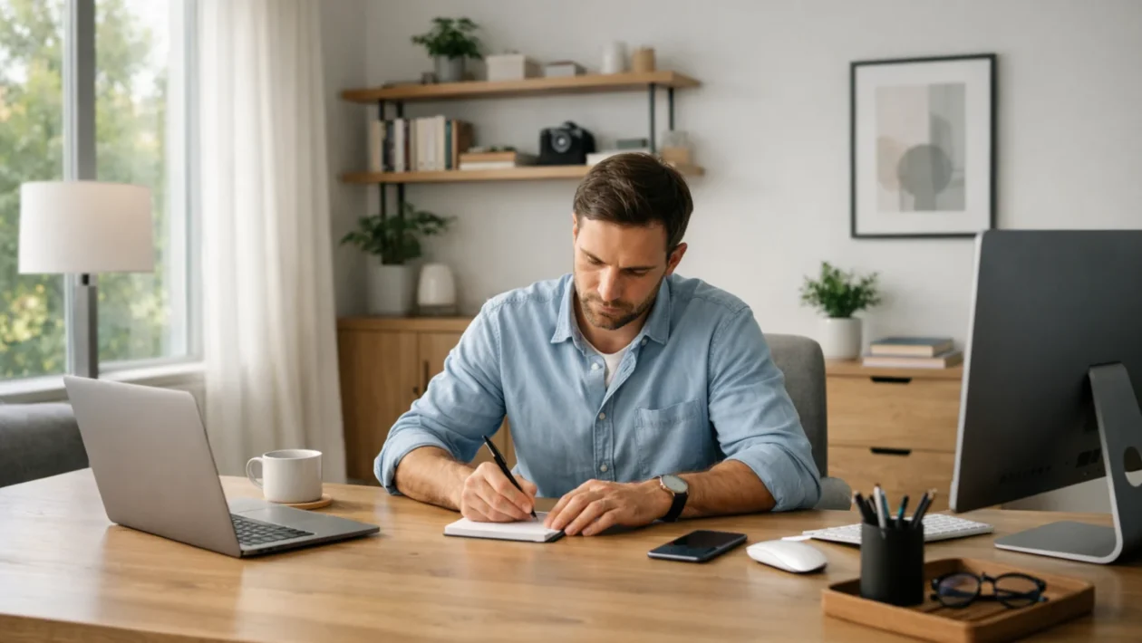 Pravilo dvije minute u praksi: osoba započinje mali zadatak u modernom radnom prostoru bez stresa