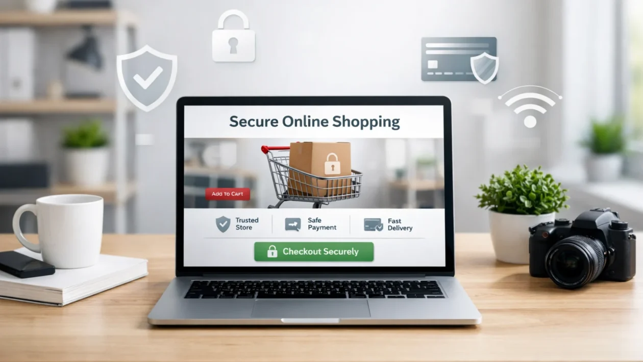 Provjera sigurnosti web stranice prije online kupnje na laptopu, fokus na zaštitu podataka i sigurno plaćanje