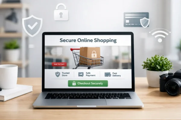 Provjera sigurnosti web stranice prije online kupnje na laptopu, fokus na zaštitu podataka i sigurno plaćanje