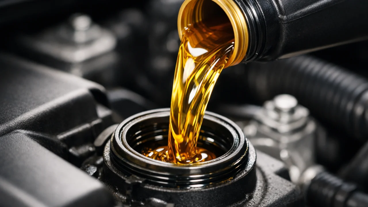 Dolijevanje novog motornog ulja zlatne boje u motor automobila, pravilno održavanje i sprječavanje oštećenja