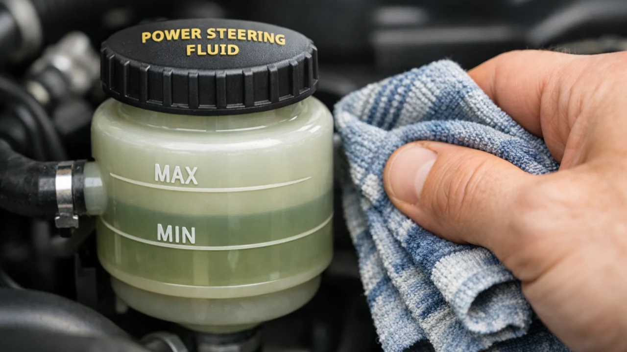 Provjera razine servo tekućine na posudi između oznaka MIN i MAX u motornom prostoru vozila