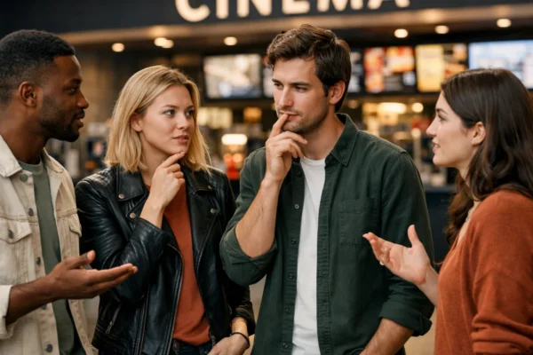 Razgovor o filmu bez spoilera u modernom kinu, ljudi dijele dojmove i poštuju gledateljsko iskustvo