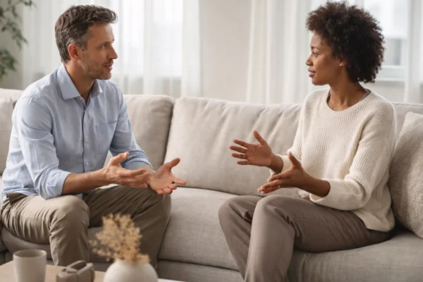 Smiren razgovor o osjećajima između partnera u modernom dnevnom boravku, primjer komunikacije bez konflikta