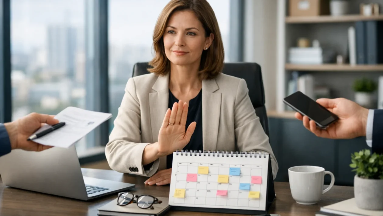 Samouvjerena osoba u uredu smireno postavlja granice i govori ne, simbol zaštite vremena i mentalnog zdravlja