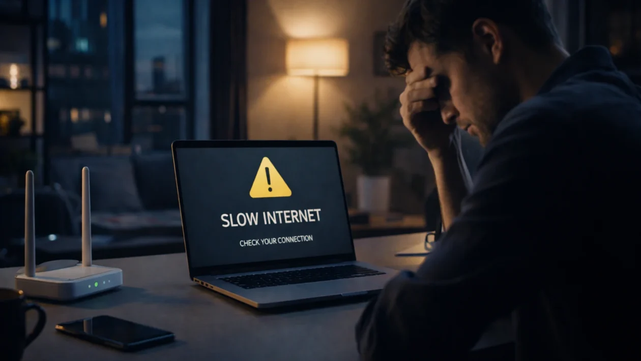 Spori internet u kućnom uredu, korisnik ispred laptopa s nestabilnom Wi-Fi vezom i ruterom u pozadini