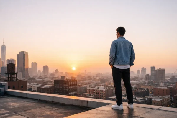 Osoba mirno stoji na krovu grada u zoru, simbol unutarnjeg mira i otpornosti na kritike