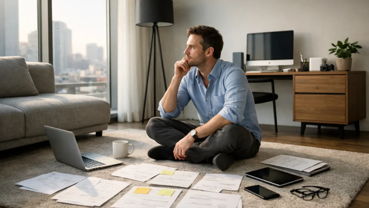 Osoba u stanu okružena obavezama i tehnologijom, simbol osjećaja da je svega previše u suvremenom načinu života