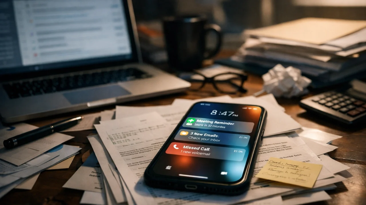 Pretrpan radni stol s laptopom i porukama kao vizualni prikaz mentalnog preopterećenja i stresa