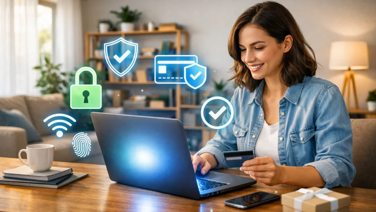Sigurna online kupnja prikazana kroz modernu osobu koja kupuje putem laptopa u sigurnom kućnom okruženju
