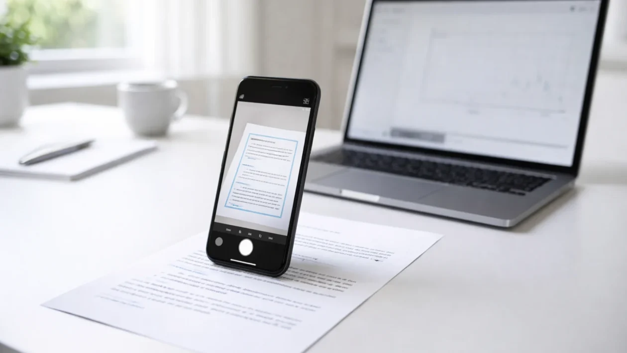 Skeniranje dokumenata mobitelom na modernom radnom stolu, prikaz digitalne transformacije papira u PDF