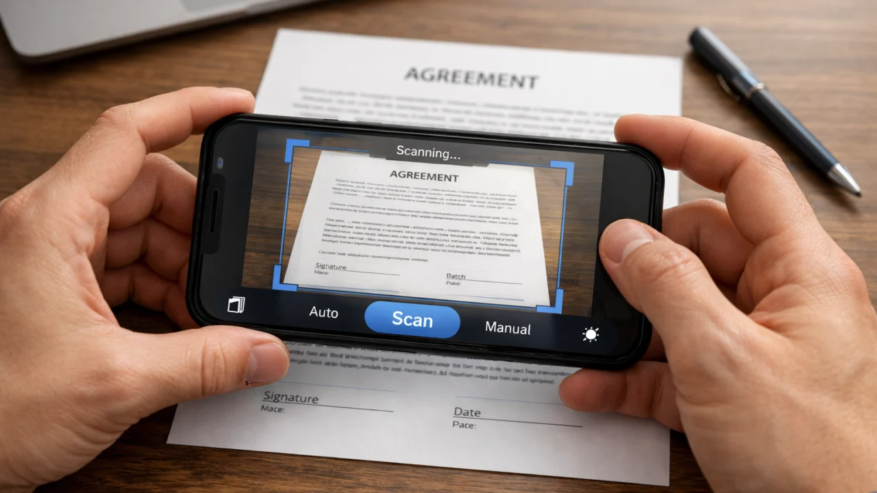 Ruke koriste aplikaciju za skeniranje dokumenata mobitelom uz precizno poravnanje papira