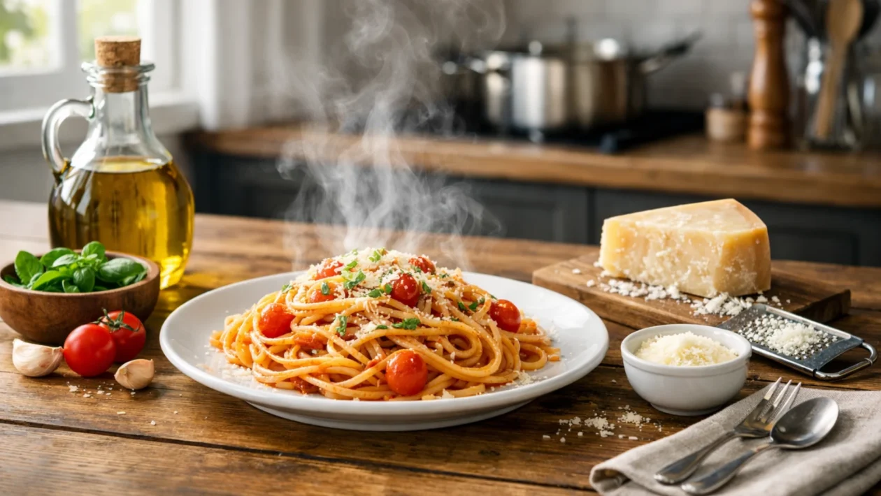 Savršeno kuhana tjestenina al dente poslužena u modernoj kuhinji, ilustrira temu pravilnog kuhanja bez lijepljenja