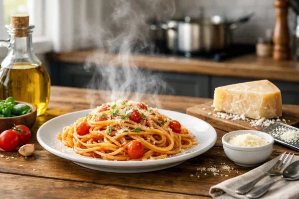 Savršeno kuhana tjestenina al dente poslužena u modernoj kuhinji, ilustrira temu pravilnog kuhanja bez lijepljenja