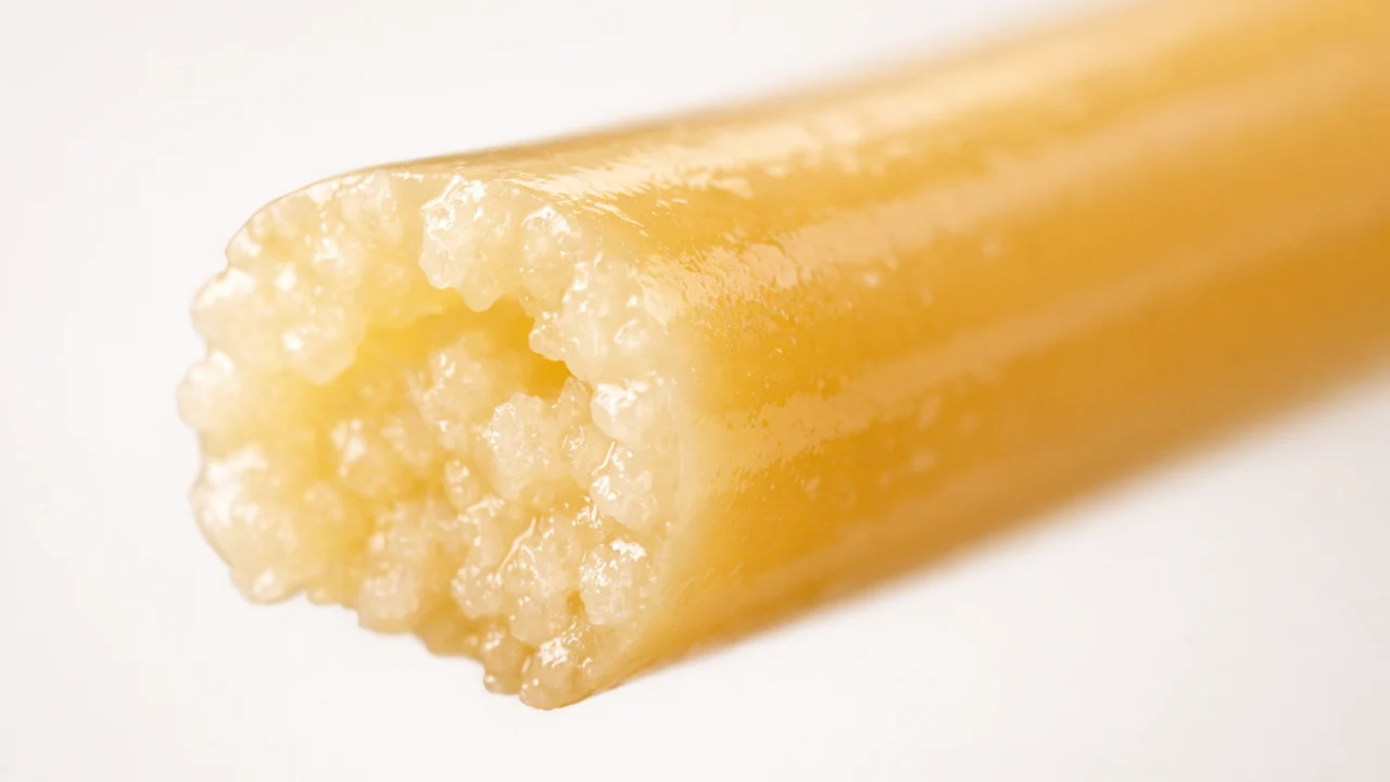 Presjek tjestenine al dente pokazuje blago čvrstu jezgru i pravilnu strukturu kuhanja