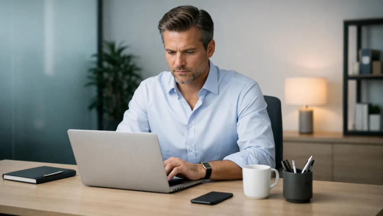 Osoba za radnim stolom s mobitelom okrenutim prema dolje, simbol povratka fokusa i smanjenja distrakcija