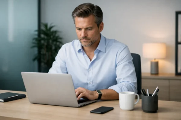 Osoba za radnim stolom s mobitelom okrenutim prema dolje, simbol povratka fokusa i smanjenja distrakcija