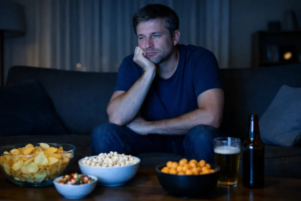 Osoba navečer sjedi ispred televizora uz grickalice, simbol navike jedenja bez stvarne gladi