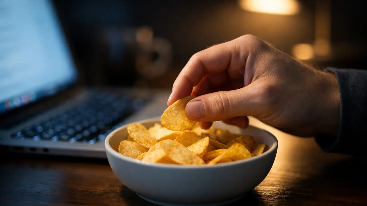 Ruka poseže za grickalicama tijekom rada za računalom, primjer nesvjesnog grickanja iz navike