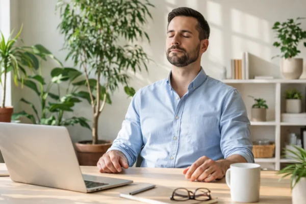 Mirno moderno radno okruženje s osobom koja prakticira kratku pauzu za smanjenje stresa tijekom radnog dana