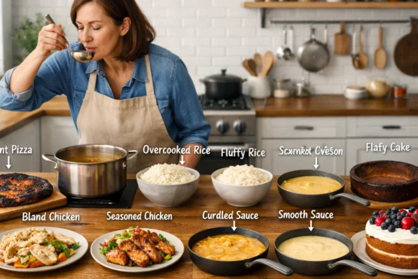 Kuhinjska scena s kuharom i jelima koja prikazuju česte kuhinjske nezgode i rješenja