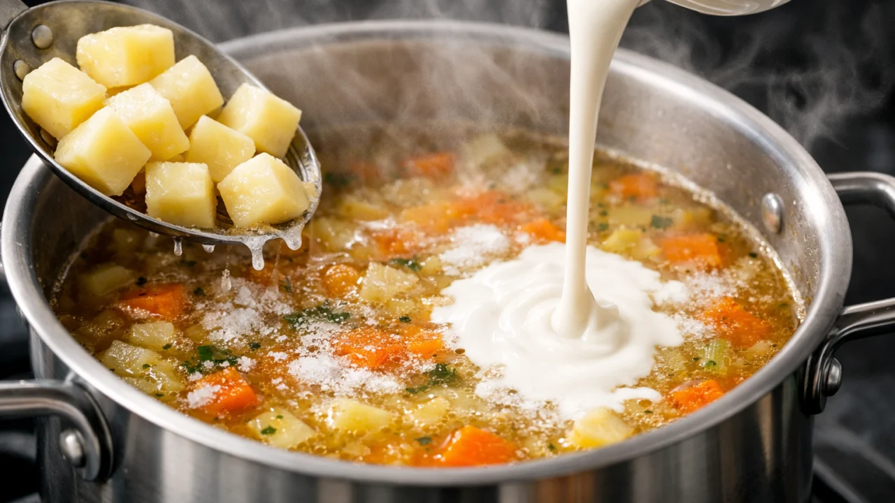 Spašavanje presoljene juhe dodavanjem vrhnja i krumpira za uravnoteženje okusa