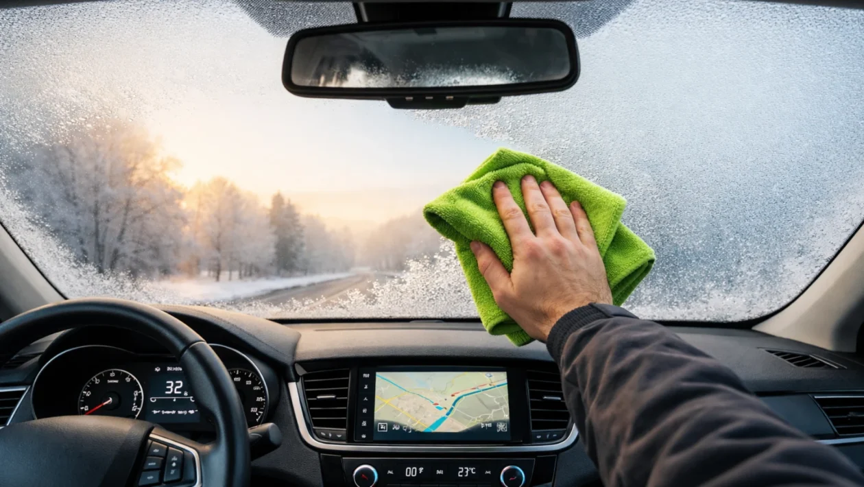 Zamagljeni vjetrobran u automobilu zimi koji se briše mikrofiber krpom radi bolje vidljivosti i sigurnije vožnje