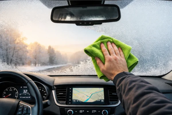 Zamagljeni vjetrobran u automobilu zimi koji se briše mikrofiber krpom radi bolje vidljivosti i sigurnije vožnje