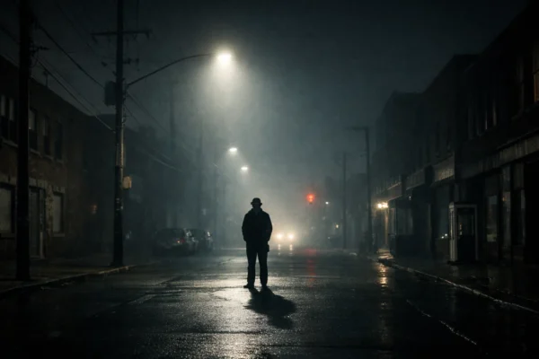 Napeta scena trilera s usamljnom osobom na mračnoj ulici, simbol psihološke napetosti i neizvjesnosti