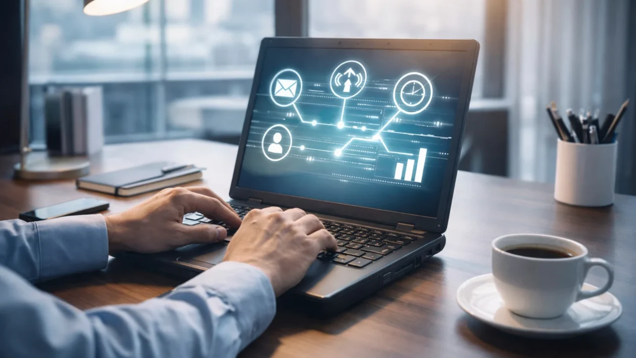 Spor laptop na radnom stolu kao simbol optimizacije performansi bez kupnje novog računala