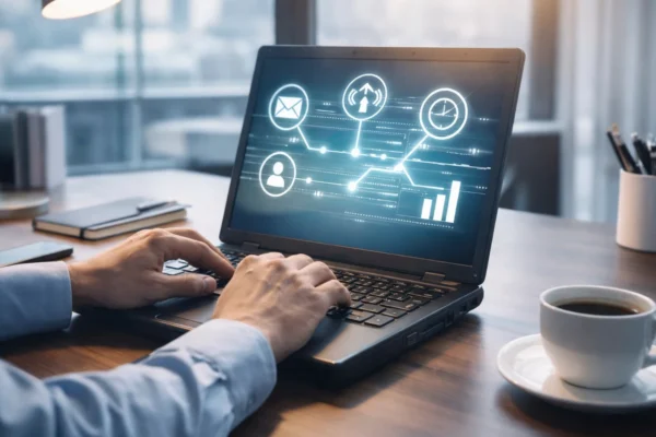 Spor laptop na radnom stolu kao simbol optimizacije performansi bez kupnje novog računala