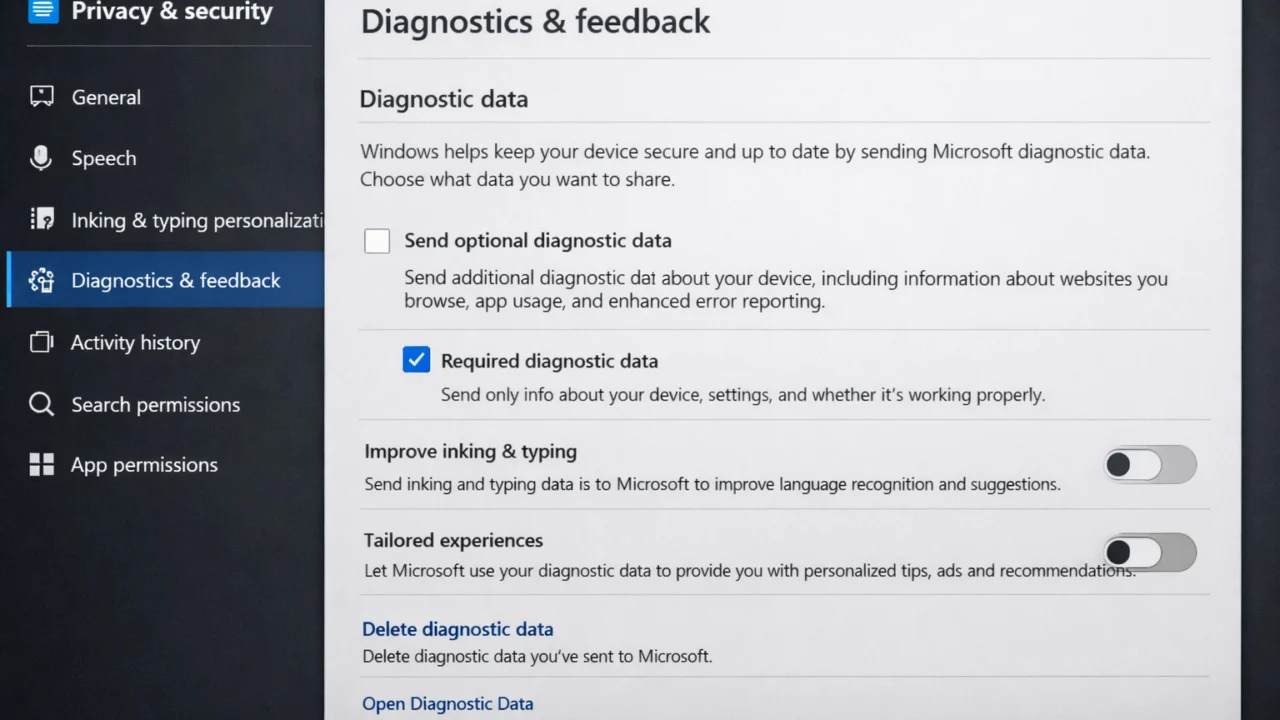 Izbornik postavki privatnosti u Windowsu s opcijama dijagnostičkih podataka
