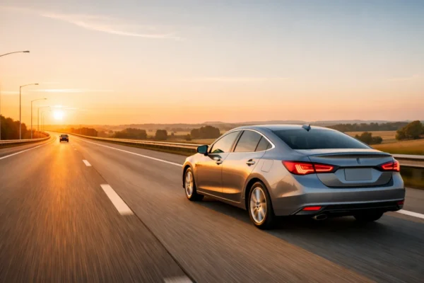 Pametna i ekonomična vožnja automobila na otvorenoj cesti koja simbolizira uštedu goriva i bolje navike vozača