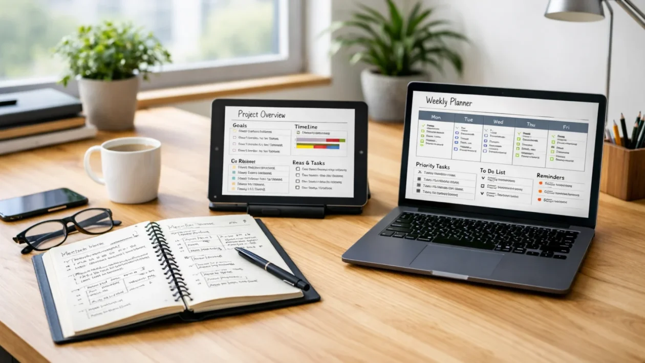 Uređeno radno okruženje s papirnatim i digitalnim bilješkama koje prikazuju sustav za učinkovito vođenje bilješki