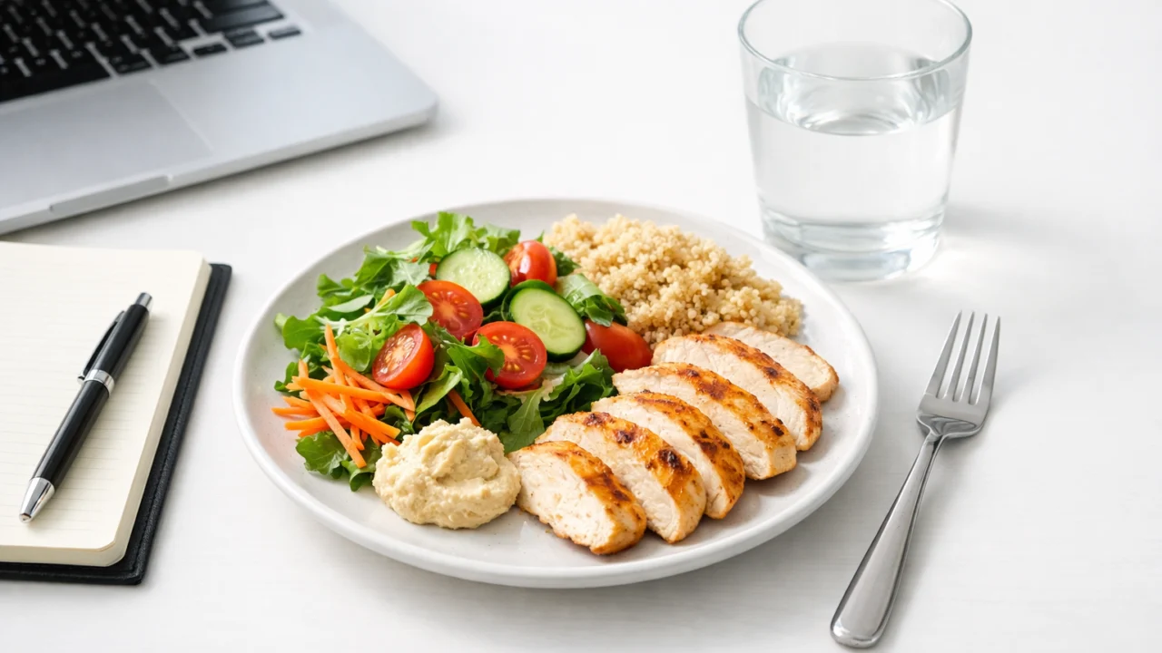 Jednostavan zdravi obrok na radnom stolu kao primjer očuvanja prehrambenih navika pod stresom