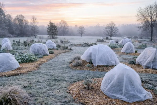 Zaštita biljaka od mraza u vrtu s prekrivanjem i malčem tijekom hladnog zimskog jutra