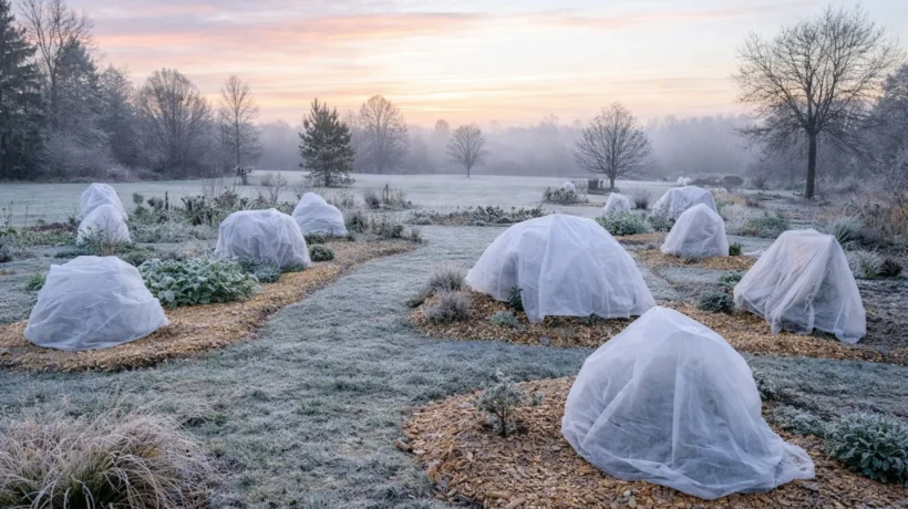 Zaštita biljaka od mraza u vrtu s prekrivanjem i malčem tijekom hladnog zimskog jutra