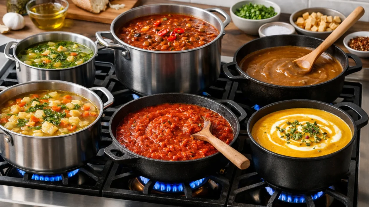 Različite guste juhe i umaci bez brašna u modernoj kuhinji, prikaz prirodnih metoda zgušnjavanja