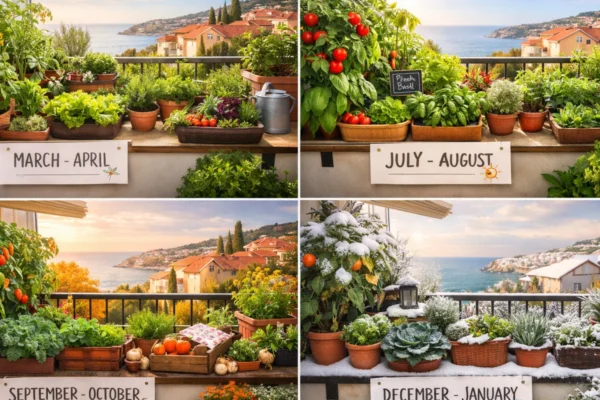 Balkonski vrt kroz godišnja doba s posudama i biljem, kalendar radova na balkonu za početnike