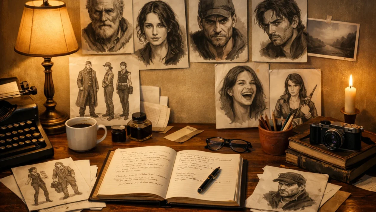 Radni prostor pisca s bilješkama i portretima koji simbolizira proces karakterizacije i izgradnje uvjerljivog lika