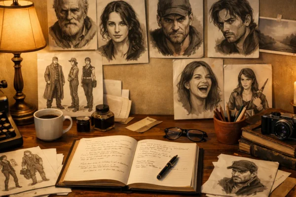 Radni prostor pisca s bilješkama i portretima koji simbolizira proces karakterizacije i izgradnje uvjerljivog lika