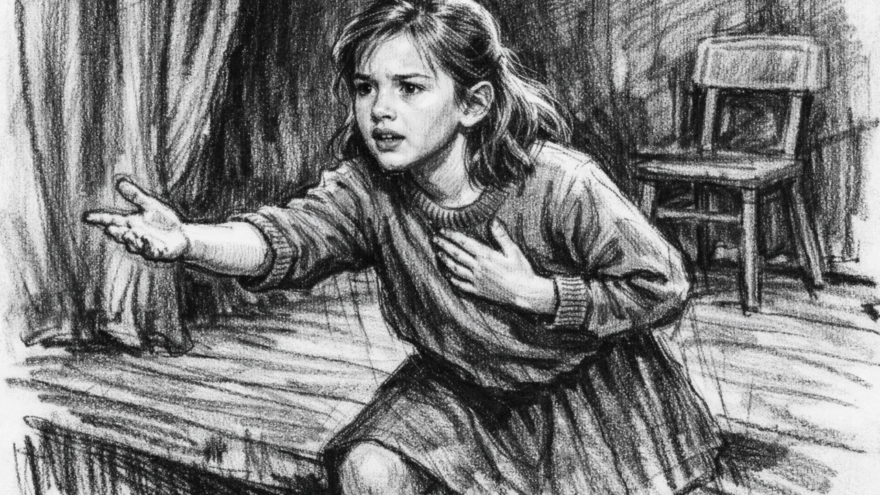 Mlada Kate Winslet u kazališnoj školi, prikazana u ugalj stilu s naglašenim linijama i kontrastom