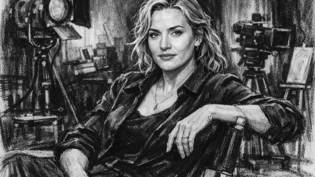 Kate Winslet na filmskom setu između snimanja, prikazana u ugalj stilu s dubokim sjenama