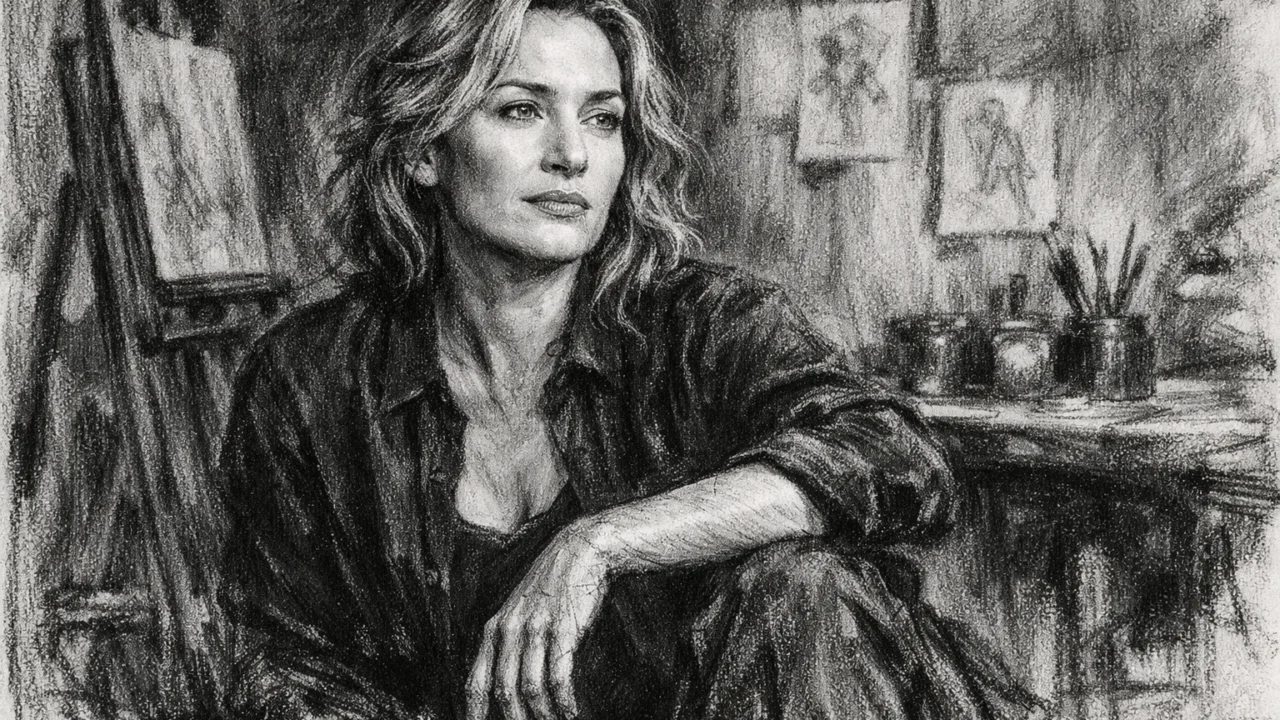 Zrela Kate Winslet u mirnom trenutku karijere, umjetnički prikaz u ugalj stilu