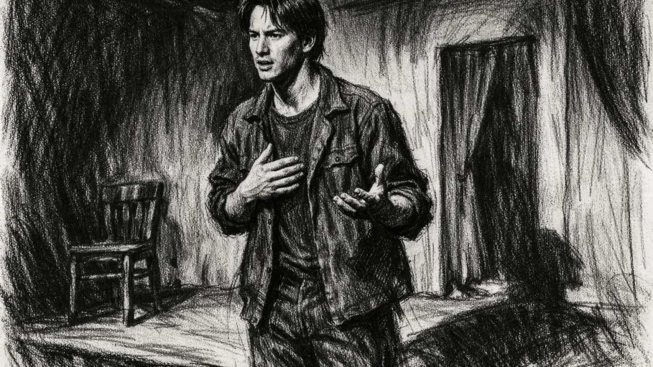 Keanu Reeves na kazališnoj pozornici u ranim danima karijere, prikazano u ugalj stilu