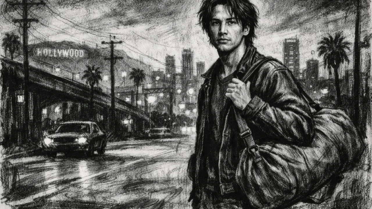 Dolazak Keanua Reevesa u Los Angeles prikazan u ugalj stilu, crno-bijela ilustracija s jakim kontrastom