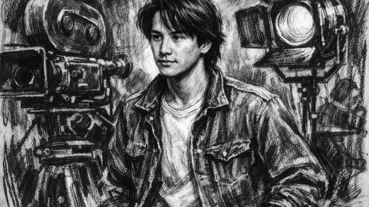 Keanu Reeves na filmskom setu u ranoj karijeri, nacrtan u ugalj stilu s izražajnim linijama